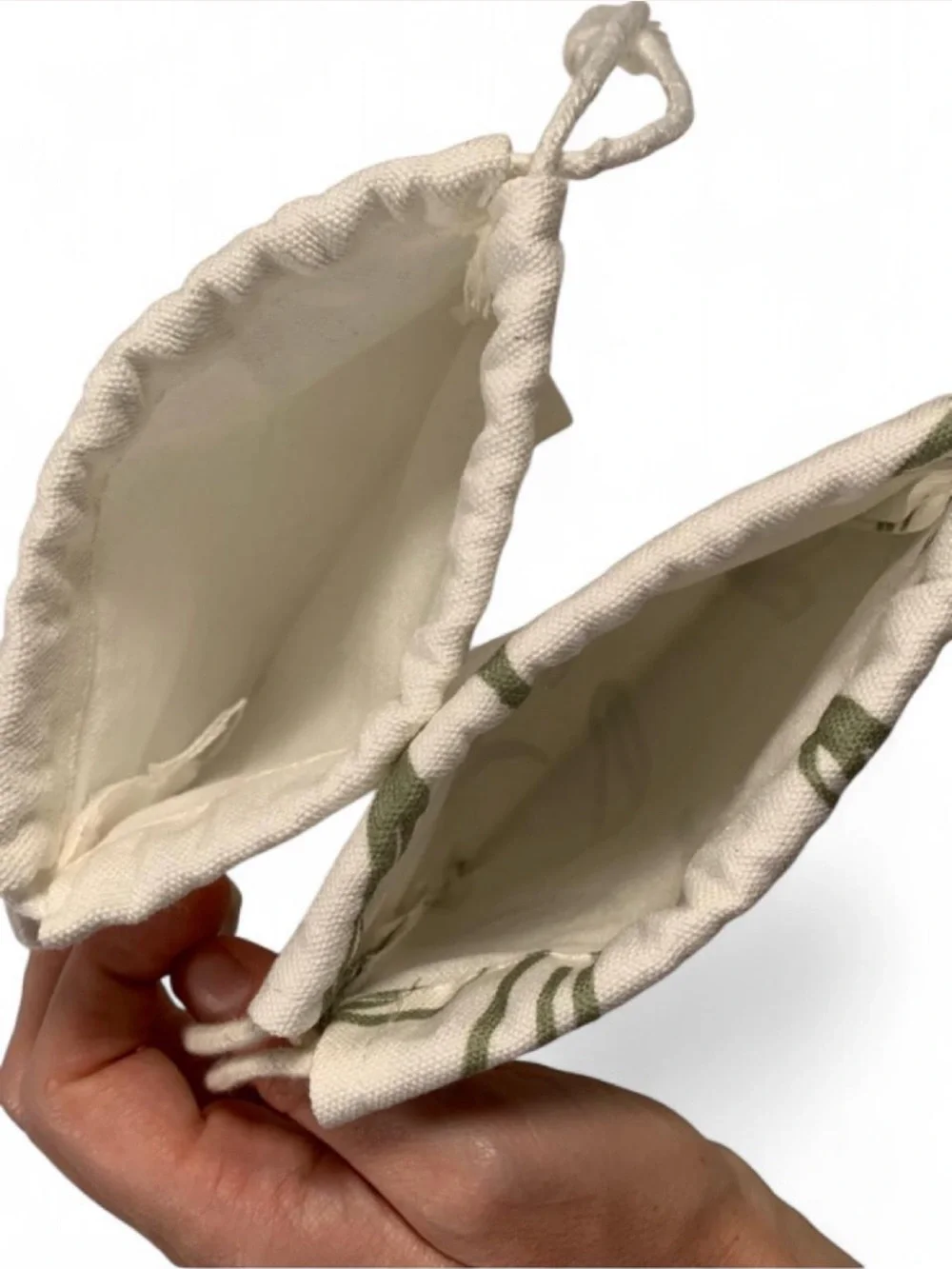 Vellabox Canvas Drawstring Pouches - White & Green Leaf Print